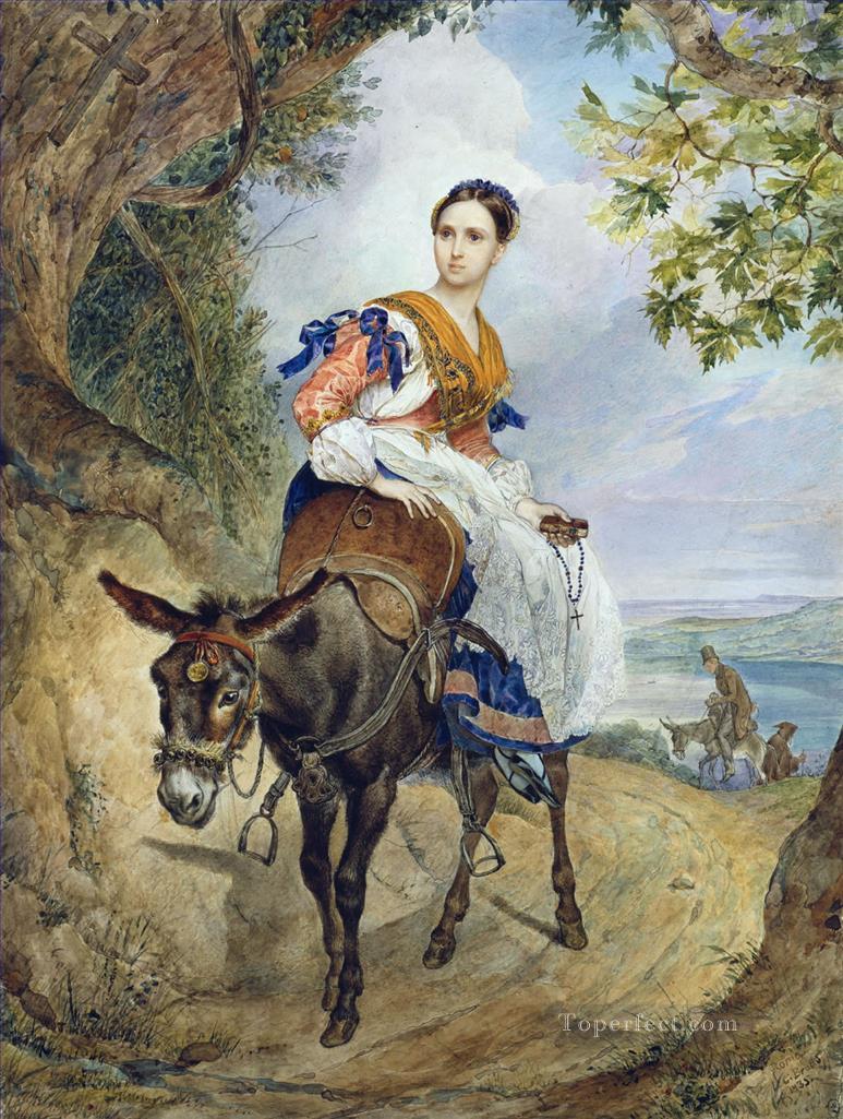 ロバの背中に乗ったオプ・フェルゼンの肖像画 カール・ブリュロフ 美しい女性 女性油絵